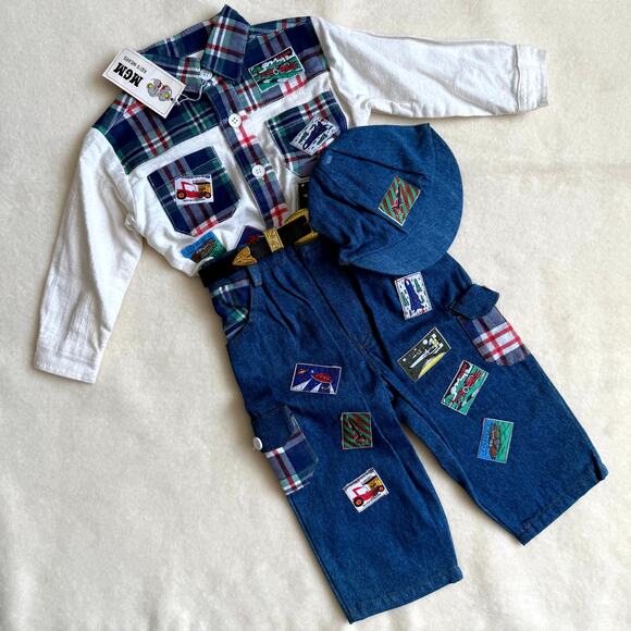 Vintage 90s MGM Kid's Fashion 3-Piece Pants Set Boys 12M Plaid Denim Patchwork - Picture 1 of 10